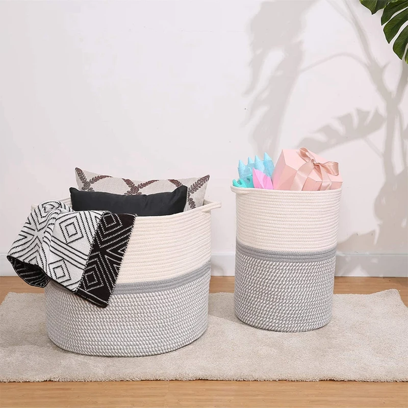 

Cotton Rope Woven Basket with Handle,Baby Toys Multipurpose Storage Basket,Clothes&Blanket Hamper Basket,33X38CM