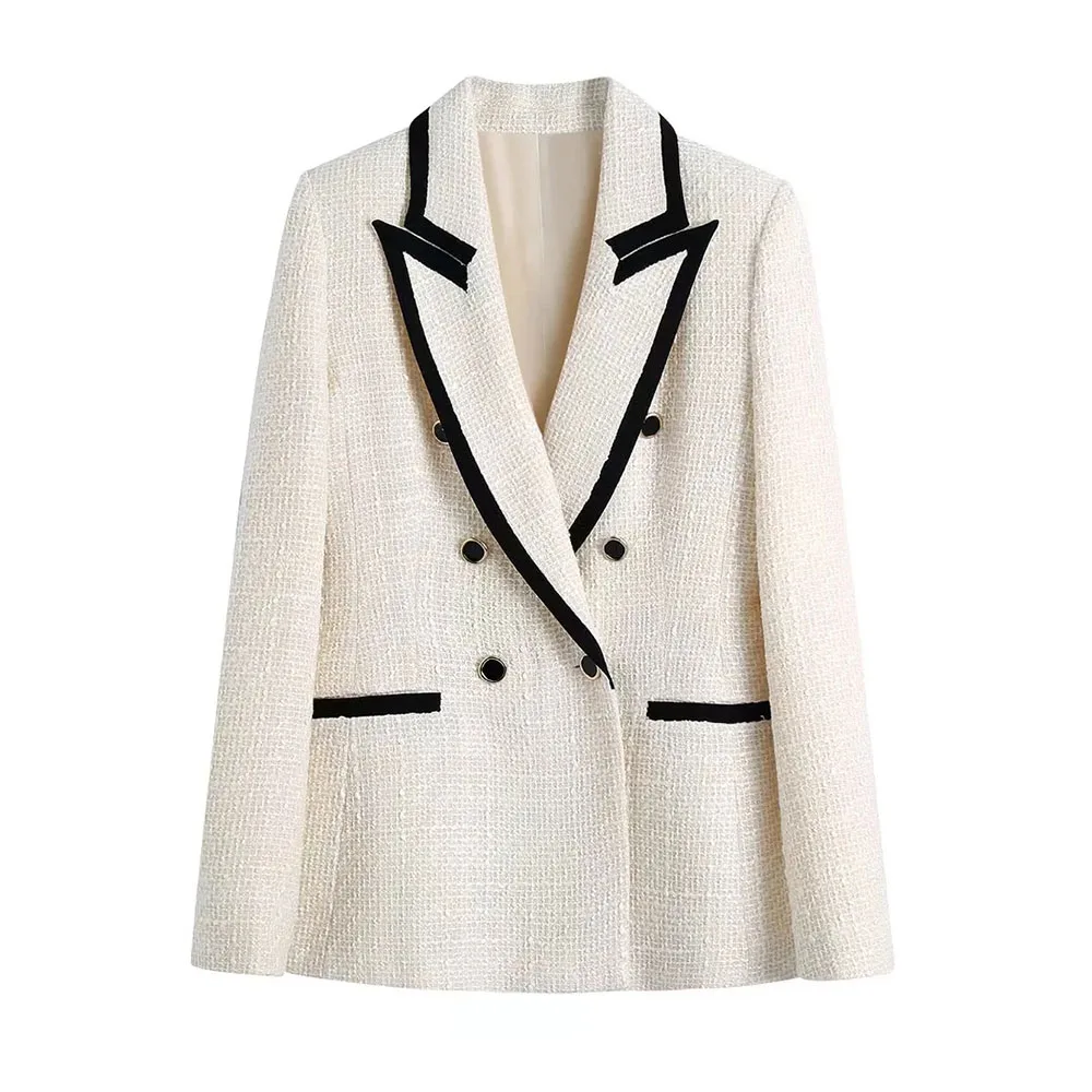 

DYLQFS 2021 Tweed Women Vintage White Splicing Long Sleeve Slim Office Lady Blazer Female Double Breasted Streetweaer Suit Top