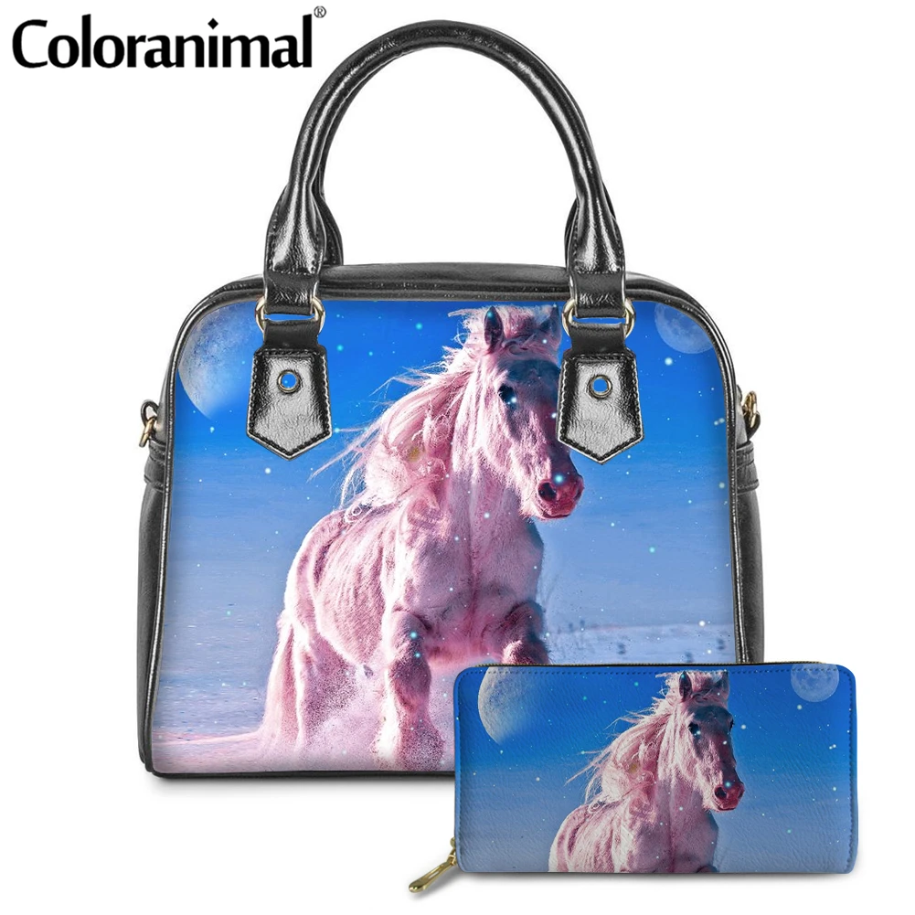 

Coloranimal Casual Women's Totes Shoulder Bag Dream Pink Horse 3D Pattern Female Casual Handbag 2Pcs/Set Leather Messenger Bag
