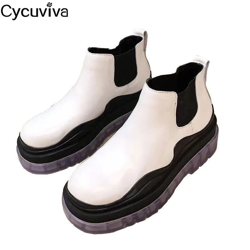 

Hot Thick Sole White Chealse Ankle Boots For Women Real Leather Clear Platform Casual Ladies Shoes Runway Flat Knight Boots