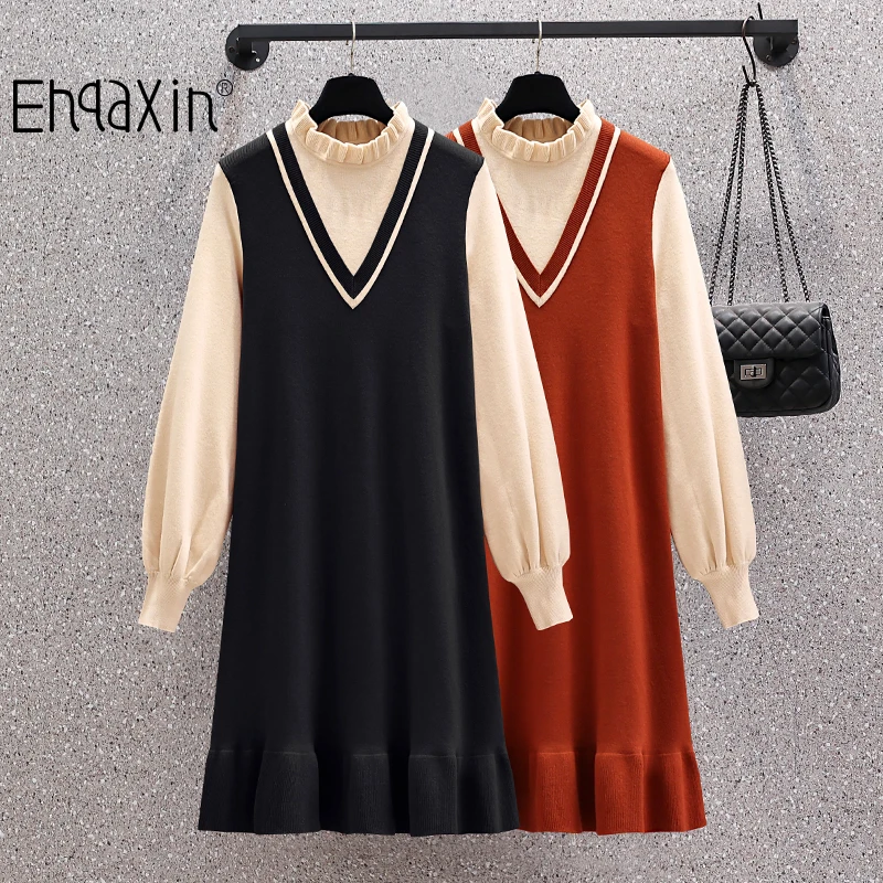 

EHQAXIN Autumn Winter Ladies Knit Dresses Fashion Wood Ears V-Neck Stitching Loose Ruffled Casual Sweater Dress L-4XL