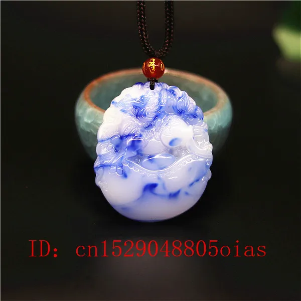 Ожерелье с подвеской в виде дракона из натурального белого и синего нефрита