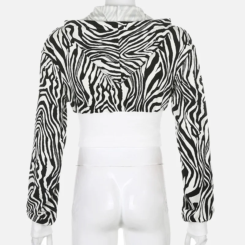 

Hooded Zebra Striped Women's Crop Top Hoodie Long Sleeve Drawstring Female Hoodies Spring New Casual Ladies Short Sweatshirts