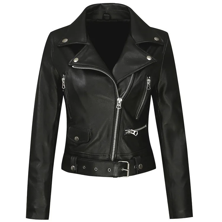 

2020 European and American spring and autumn new sheep leather leather coat women's motorcycle short leather jacket slim belt
