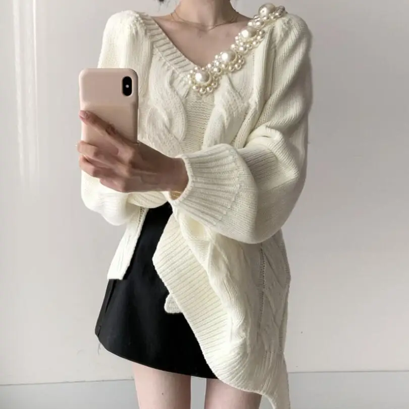 

Осенне-зимний женский свитер с V-образным вырезом, жемчужный свитер для тяжелой промышленности 2021, модный Свободный вязаный пуловер с длинн...