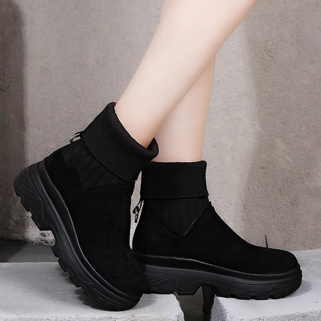 Женские ботинки без шнуровки черные повседневные из флока на платформе и низком