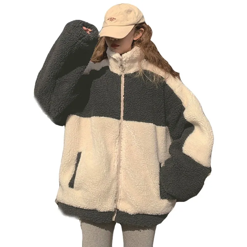 

Winter 2020 New Lambswool Splicing Zipper Women Coat Thick Casual Stand Loose Pocket Wool Liner Female Sweatshirt