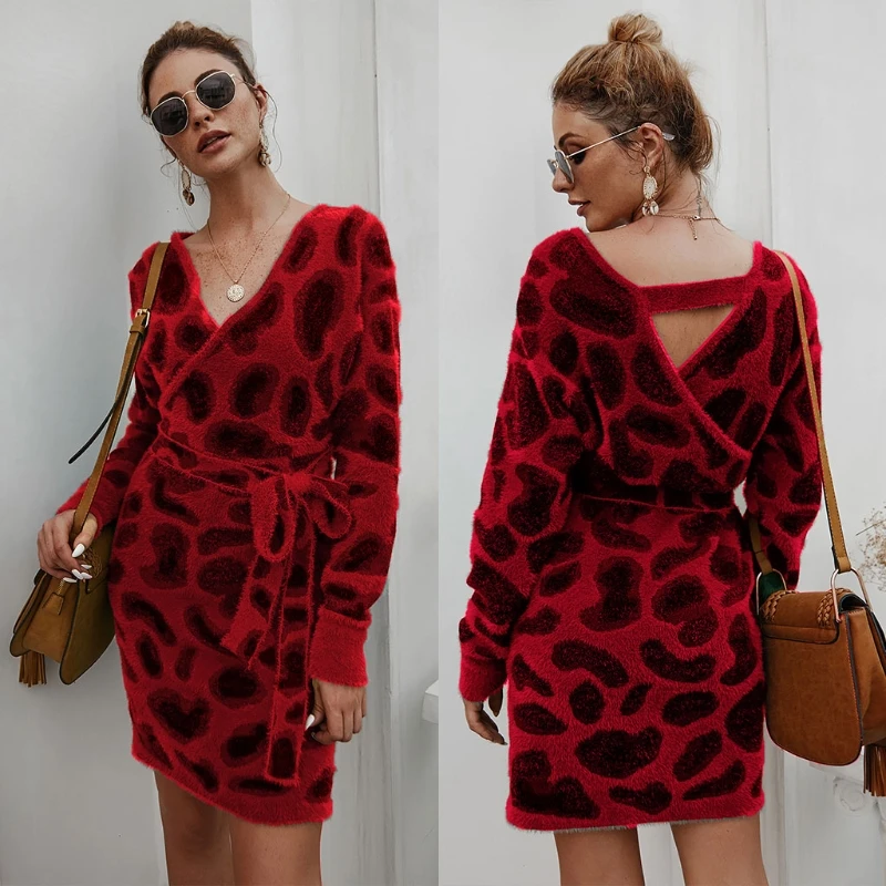 

Women Batwing Long Sleeve Sexy V Neck Bodycon Sweater Dress Leopard Printed Backless Tie Waist Party Clubwear
