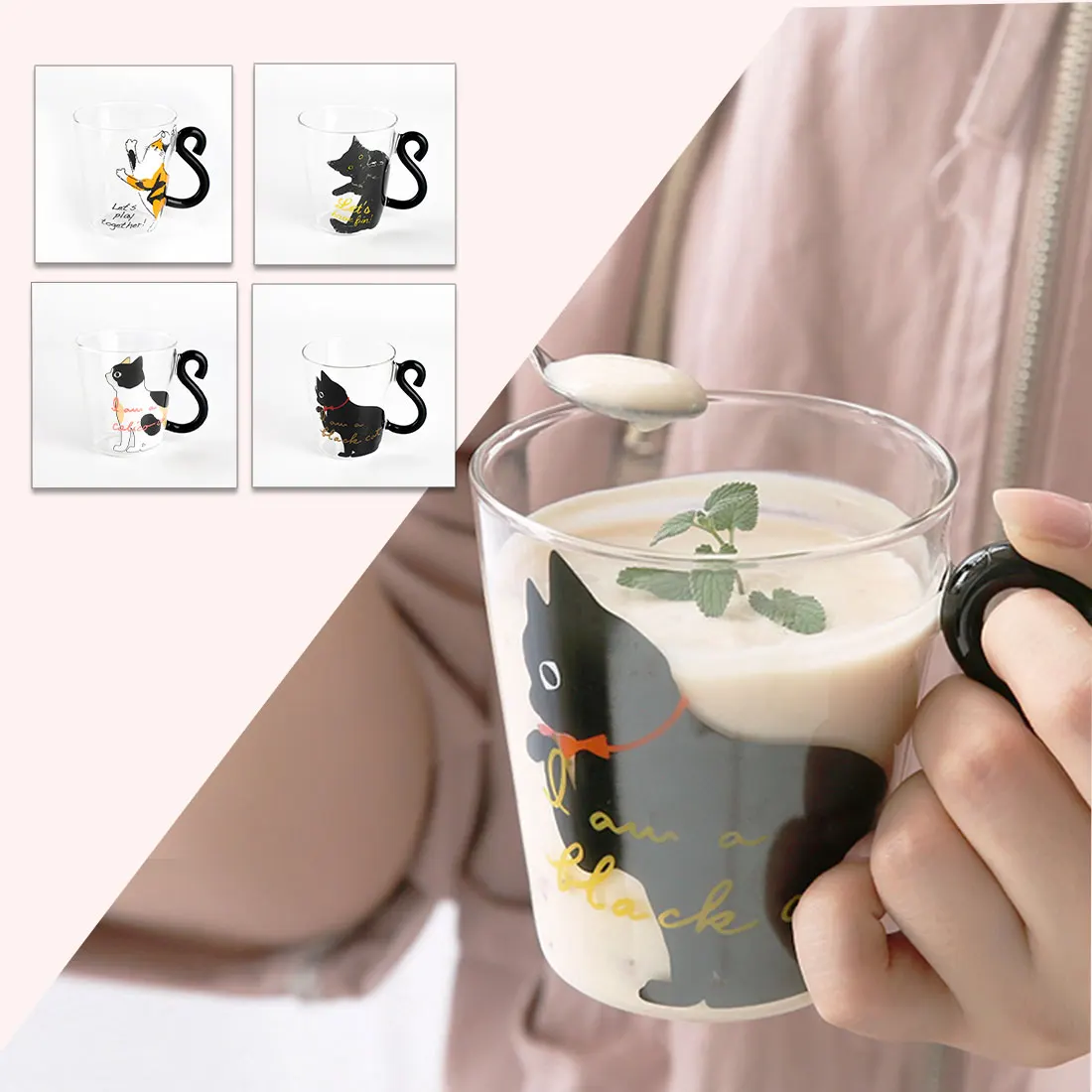 

250ML Cute Cat Glass Juice Coffee Cup Milk Tea Coffee Glass Mug Cat Tail Handle Cat Valentine's Day Lover Gifts Stainless Spoon
