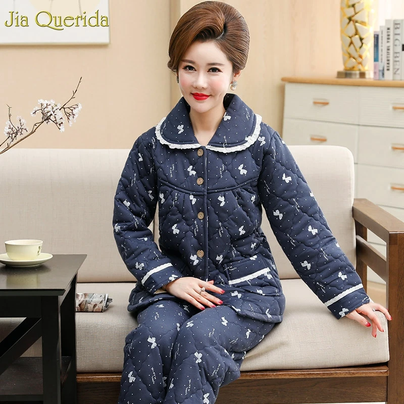 Butterfly Printing Pajamas Women Winter Home Lingerie Pyjamas Thick 3 Layer Padded Cardigan Jacket Plus Size Women's Two Pieces | Женская