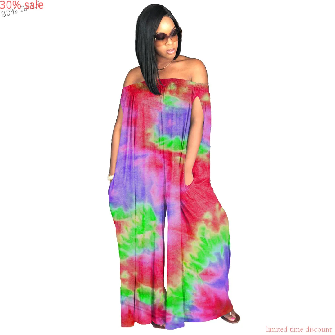Tye Dye Свободный комбинезон без рукавов бретелек длинные штаны летние пляжные