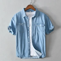 new summer 100 cotton mens short sleeve denim shirts two front chest pocket regular fit comfortable casual jeans cowboy shirt