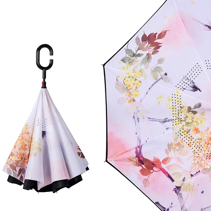 Китайский стиль складной обратный зонтик птица двухслойный перевернутый Chuva