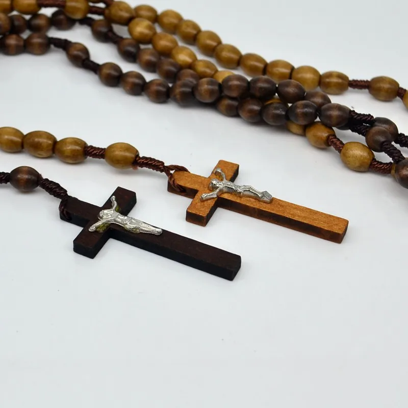 Овальные деревянные четки кулон с крестом Иисуса ожерелье католицизма модные