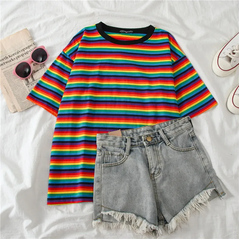 Sweet Rainbow Stripe Women Summer T-Shirt Minimalist Short Sleeve clothes Vogue Tops tee shirt couple tshirt top | Женская одежда