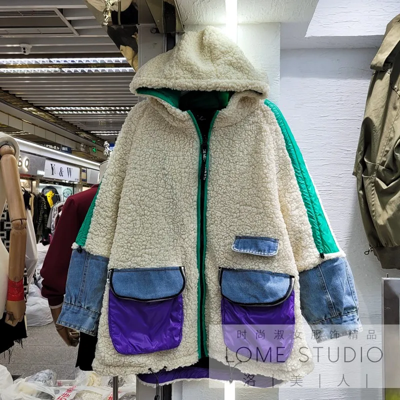 

Contrast Stitching Autumn Winter Women Hooded Jacket Oversize All-match Loose Zipper Lambswool Coat Female Long Sleeve Outwear