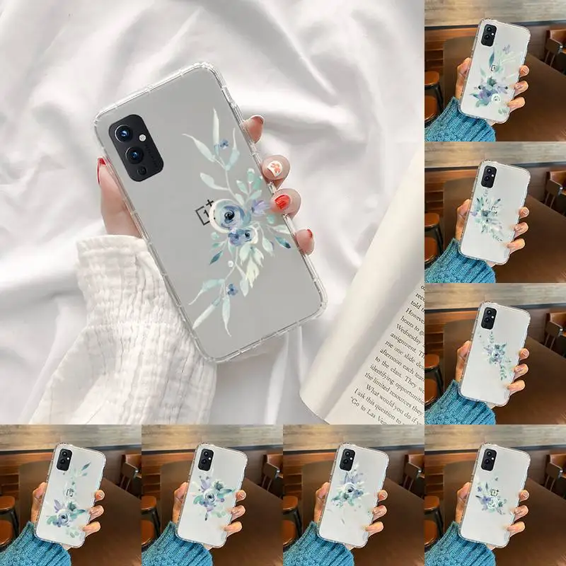 

Blue ink flower art abstract Phone Case Transparent For OnePlus 9 8 7 7t 8t Oppo find X3 X2 reno5 Vivo X60 X50 Pro MeiZu 17 16XS