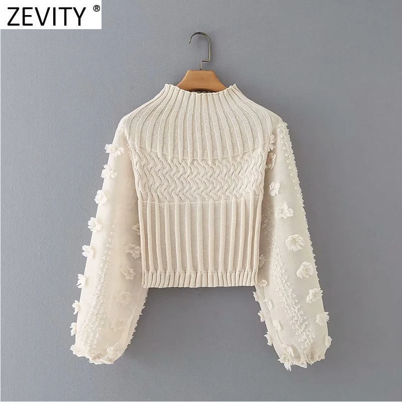 Zevity 2021 New Women Fashion Appliques Chiffon Lantern Sleeve Patchwork Short Knitting Sweater Ladies Chic Pullovers Tops S631