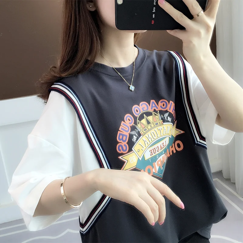 

Summer 2021 New White Short Sleeve T-shirt Women Loose Korean Design Feeling Fake Two Short Sleeve Top