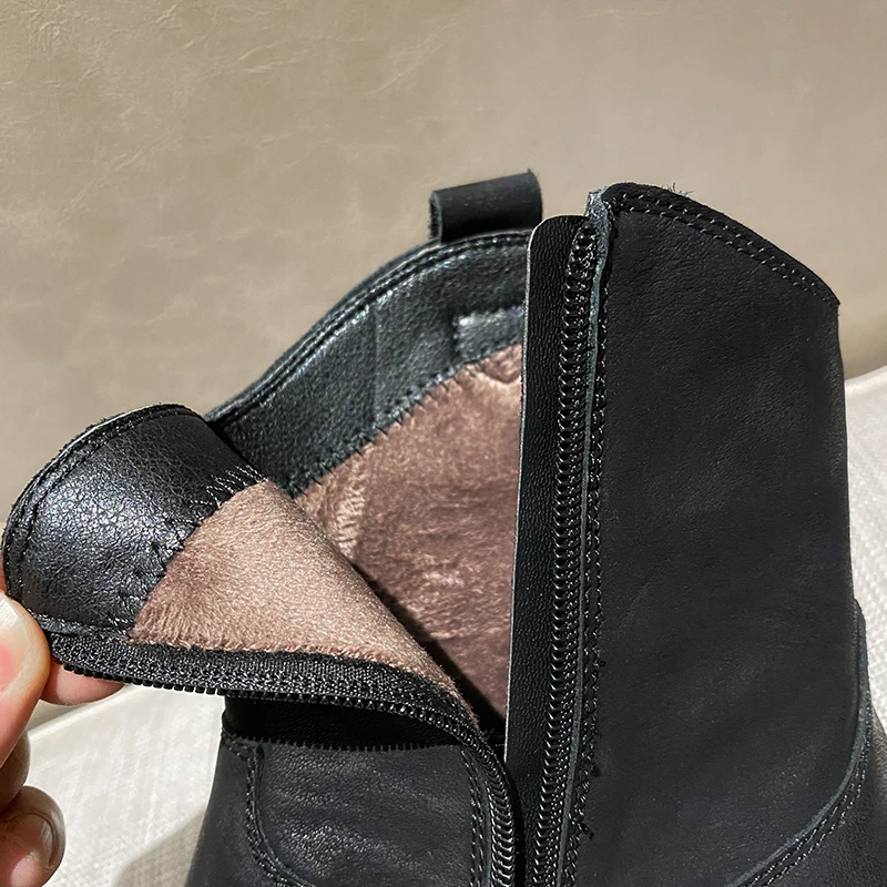 

Retro Western Cowboy Boots Fur Lining Women Boots Winter Mid-calf Boots Long Comfort Genuine Leather Shoes Women High Snow Boots