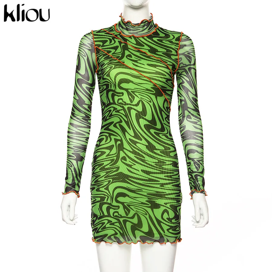 Kliou Fall Sexy Club Dresses women Fashion Print High Neck ruffles Long Sleeve Mini slim Bodycon Dress sexy mesh fabric