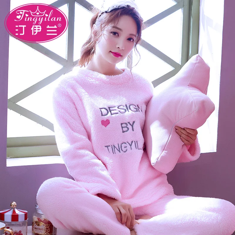 

H6011 Pajamas Cute Ladies Fall Winter Long Sleeve Sleepwear Student Girl Korean Flannel Coral Fleece Warm Thickened Home Clothes