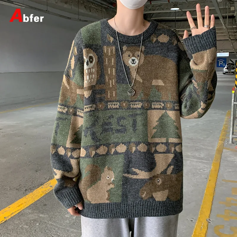 Abfer Men's Grandpa Sweater Oversized Knitted Ugly Sweater Hip Hop Clothes Autumn Winter Korean Fashion Pullovers Knitwear Tops