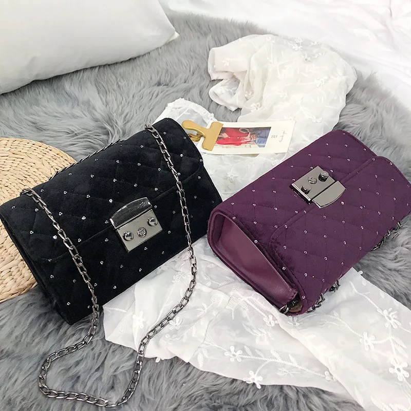 Новая модная женская сумка Корейская версия диких бриллиантовых цепей шерстяная