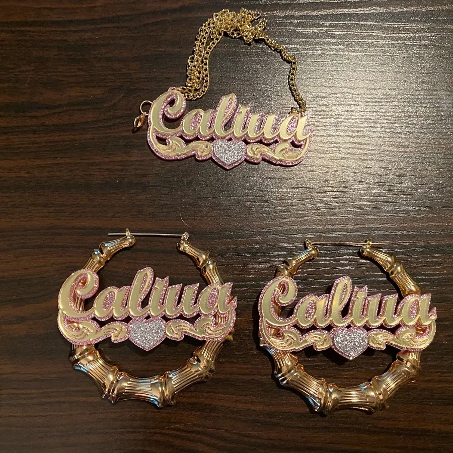 

Popular Hip Hop Big Bamboo Hoop Acrylic Earrings Necklaces Customize Piercing Earrings Name Bamboo Hoop Women Earring Chain Gift