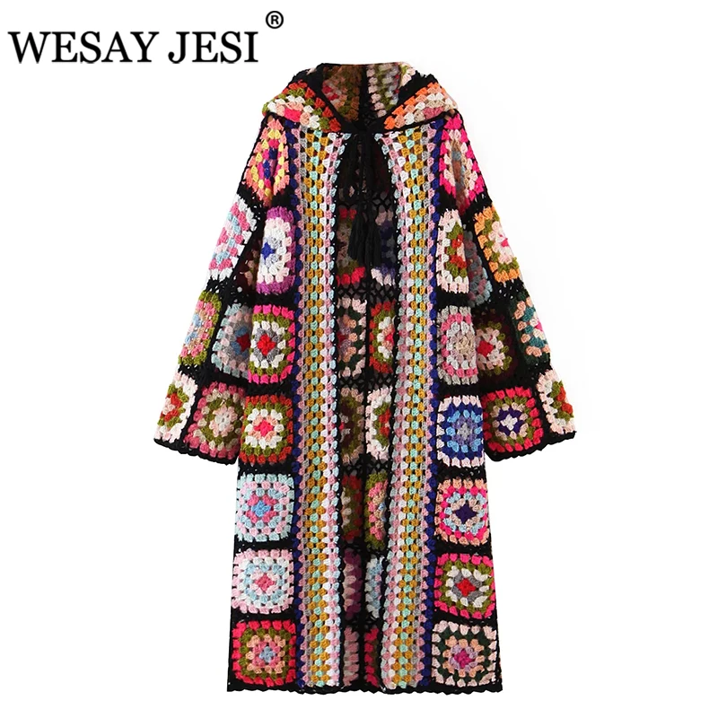 WESAY JESI Hand Made Crochet Hooded Sweater Coat Women Cardigan Vintage Long Sleeve Long Section Female Outerwear Chic Tops