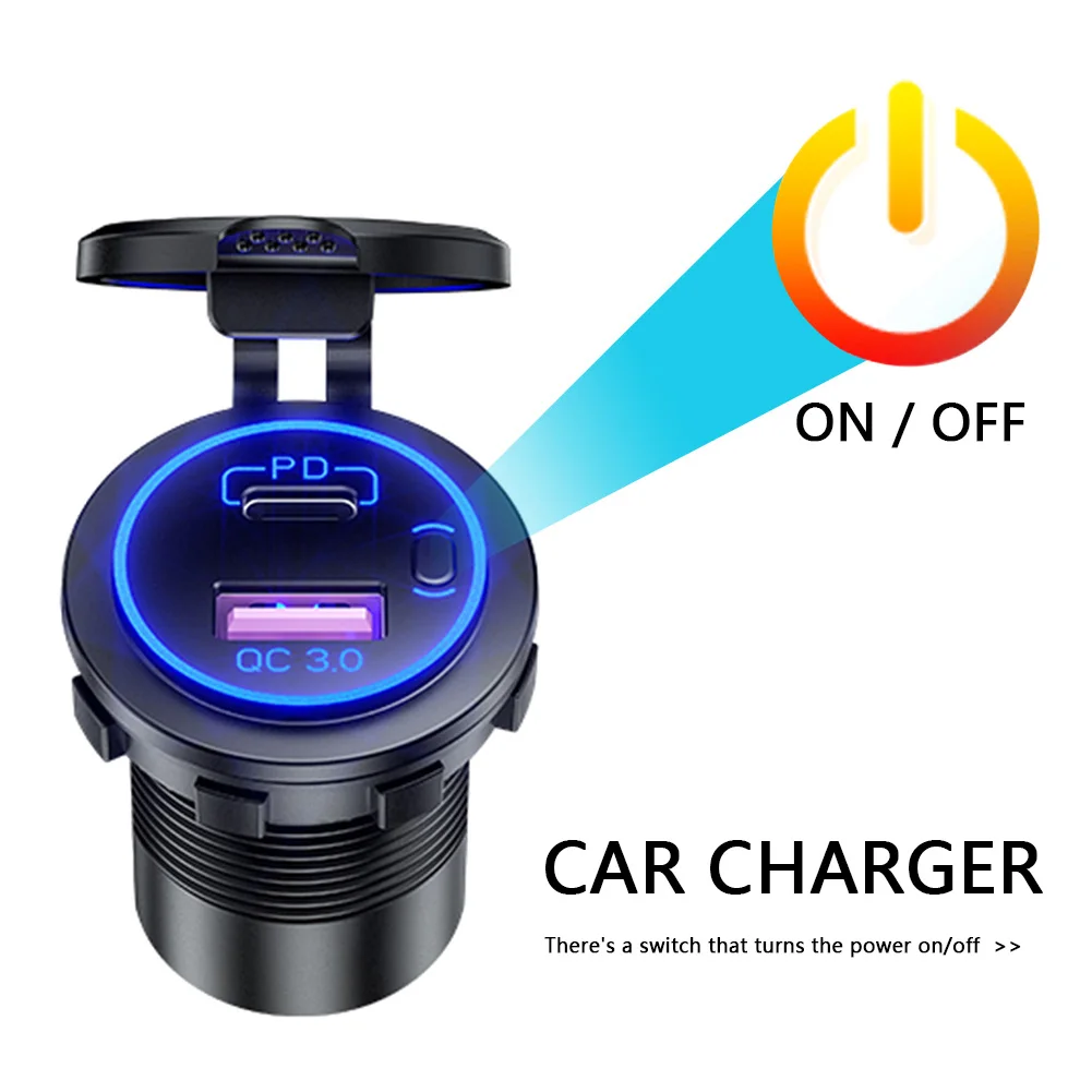 

P21-A двойной USB QC 3,0 + PD USB разъем для быстрой зарядки водонепроницаемый адаптер для розетки с переключателем для автомобиля, мотоцикла, фургон...