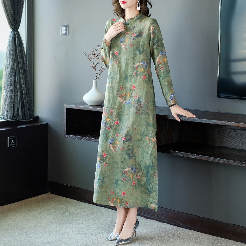 

Chikichi 2021 Autumn New Elegant Cheongsam Improved Version Pure Ramie Long-sleeved Dress Female Cotton and Linen Long Skirt