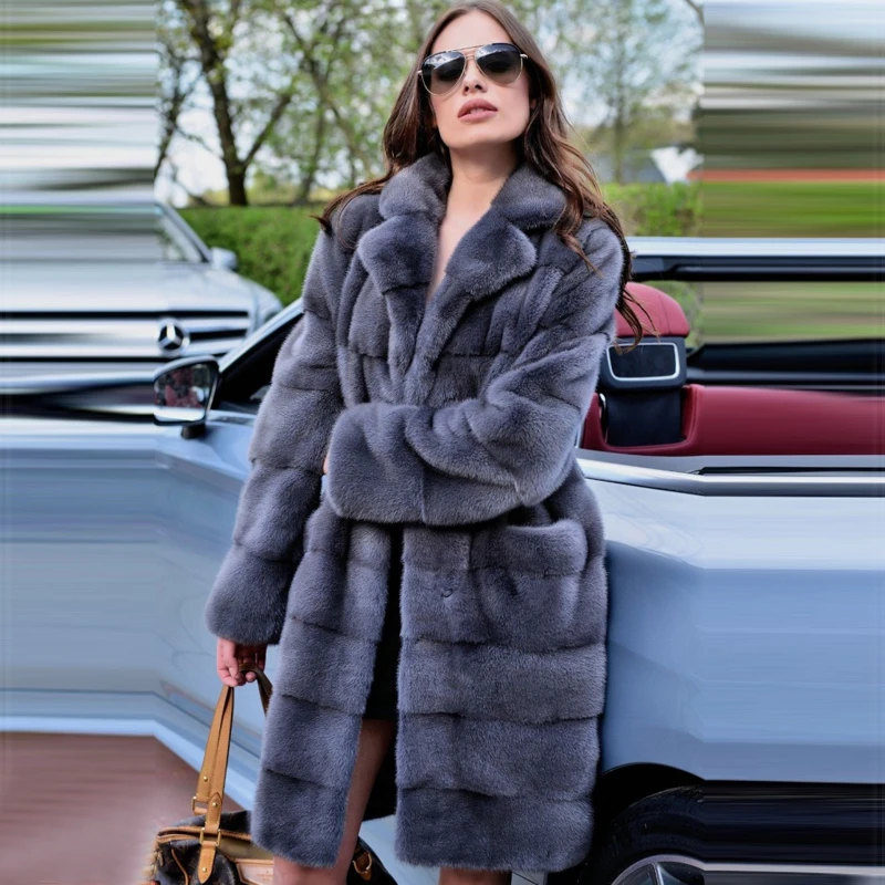 BFFUR 2022 Women Real Mink Fur Coat Natural Full Pelt Genuine Mink Fur Coats Lapel Collar Winter Warm Fur Jacket Women Luxury