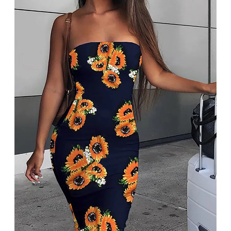 

2021 Summer Women's Slash Neck Flower Print Off Shoulder Sexy Dresses