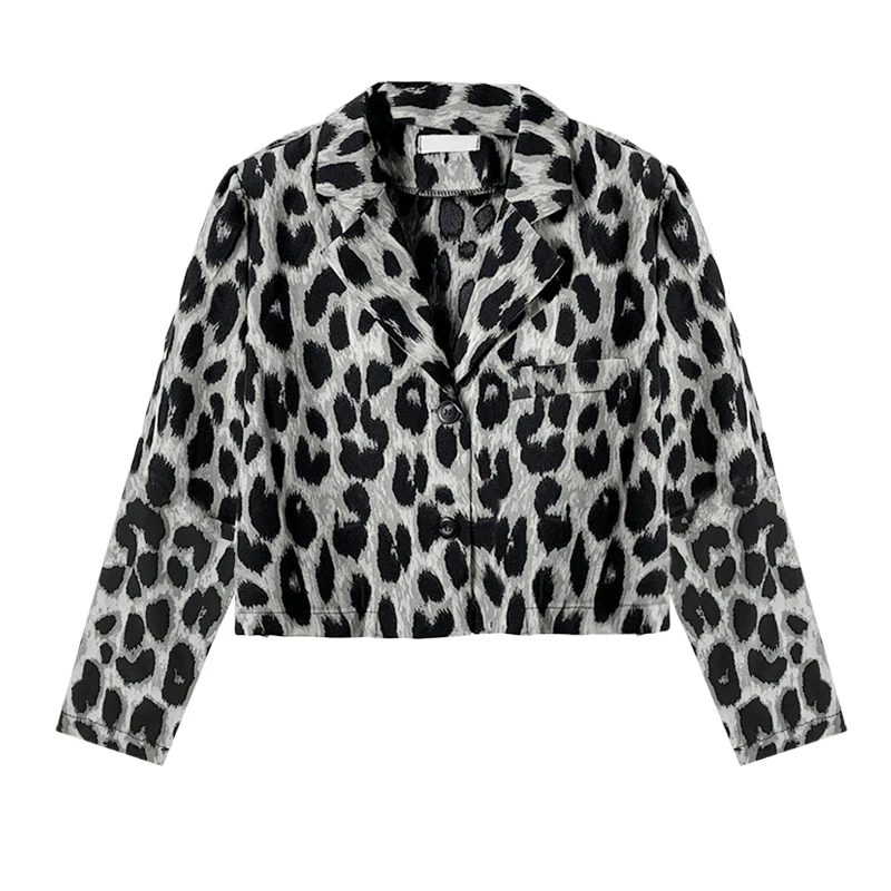 Leopard Print Short Top Women 2021 Fashion Chic Turndown Collar Long Sleeve Small Suit Design Sense Cardigan Jacket Shirt Blouse