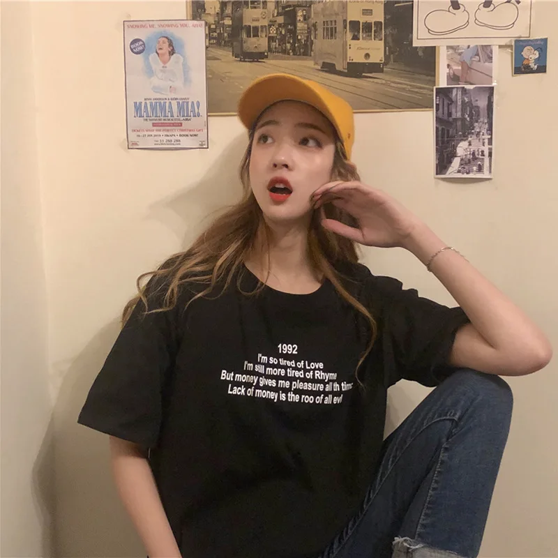 

Letter Print Solid Loose Woman Tshirts Short Sleeve O Neck Casual Sweet Girls Student 2021 Summer Plus Size Korean Fashion Tops