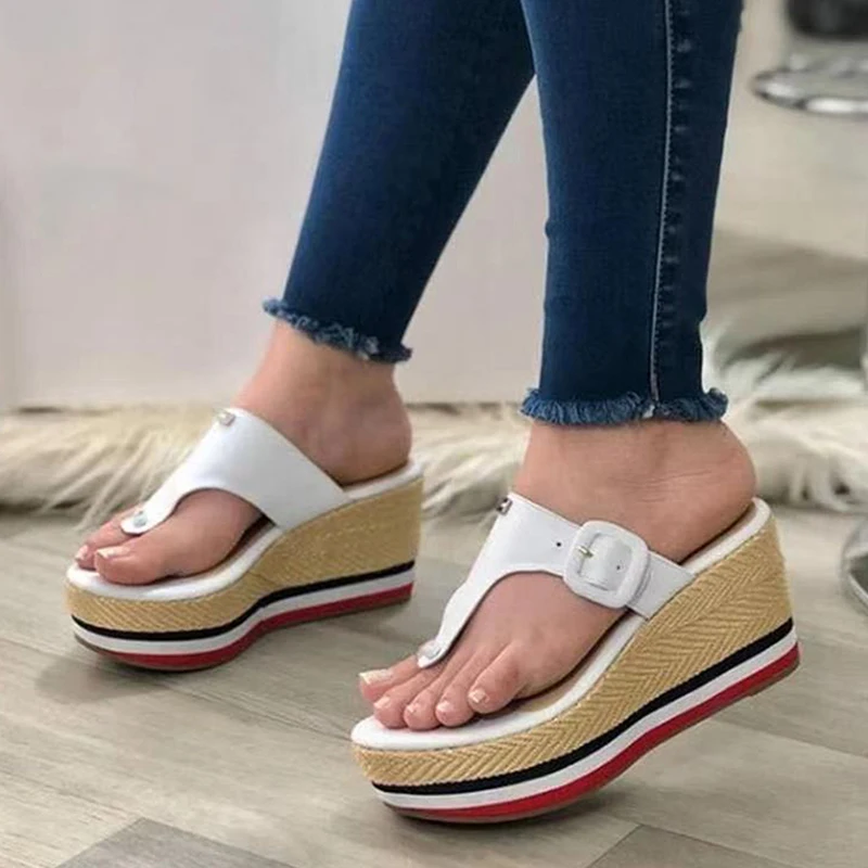 

Women Summer Plus Size Slippers Flip Flops Wedges Pu Ladies Striped Slippers Casual Thick Bottom Ladies Summer Shoes