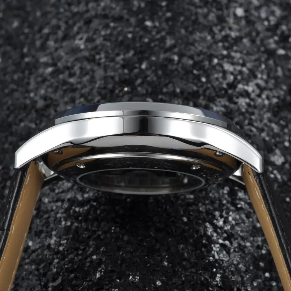 Corgeut 44 мм черный циферблат чехол из нержавеющей стали кожаный ремешок Дата