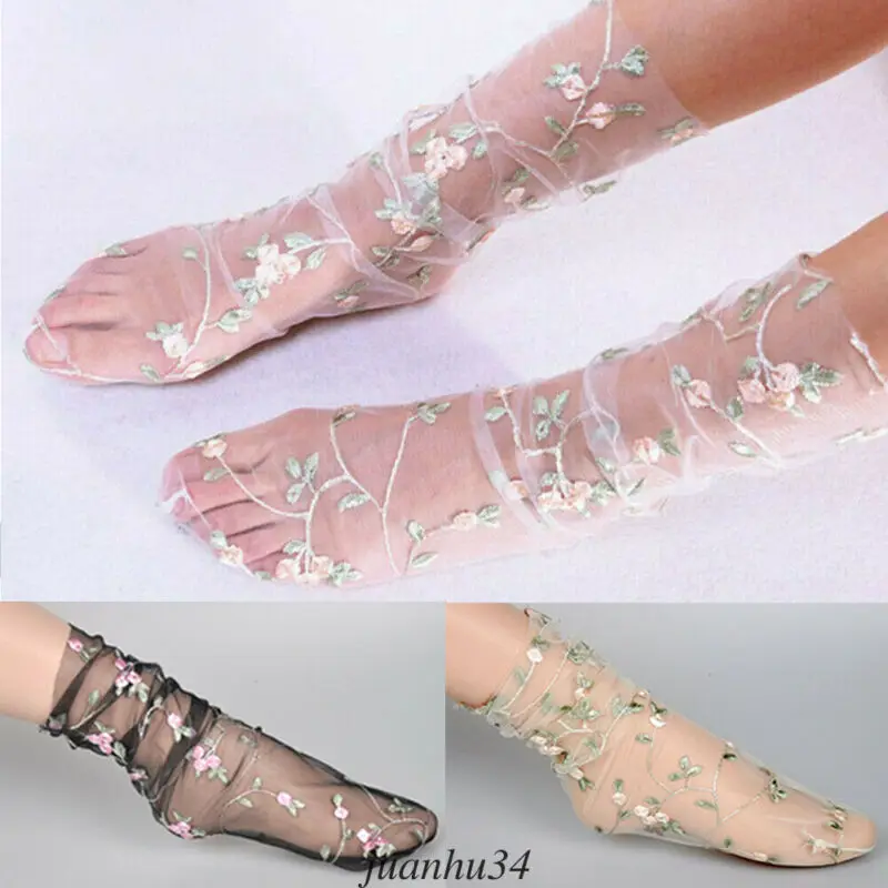 Женские летние милые сетчатые носки с цветочной вышивкой тонкие прозрачные