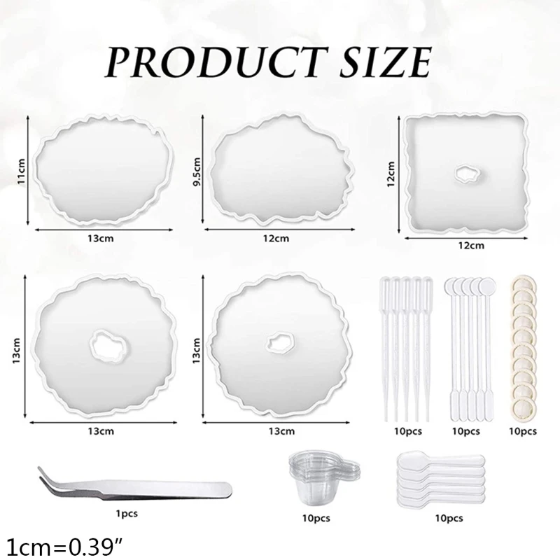 

56 Pcs/Set Agate Tray Silicone Mould Crystal Epoxy Resin Mold with Mixing Sticks for DIY Crafts Jewelry Plate Rolling Tray Coast