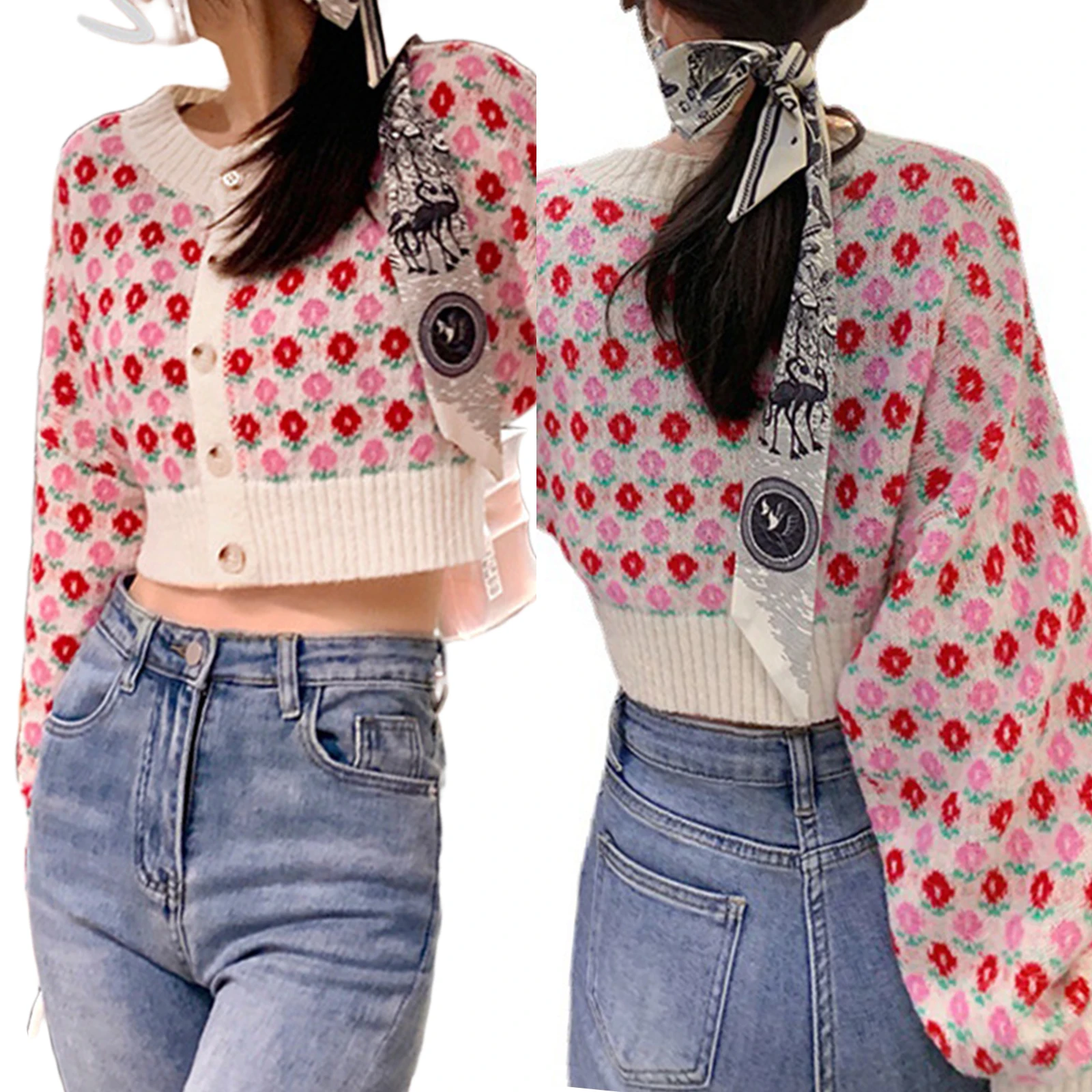 

Ladies Button Down Knit Sweater,2021 New Fashion Long Sleeve Round Neck Floral Print Cropped Cardigan for Girls