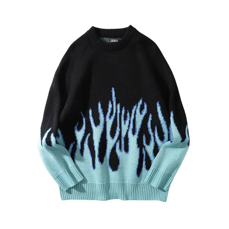 Flame Knitted Sweater Men Women Hip Hop Red Blue Flame Pullovers Sweaters Winter Harajuku Printed Pullovers Oversized Sweaters images - 6