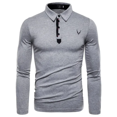 Drop Shipping New Fashion Long Sleeve T Shirt Men Casual Embroidery Slim Fit Men's Tees Solid Turn-down Collar T-Shirts Men - Цвет: gray