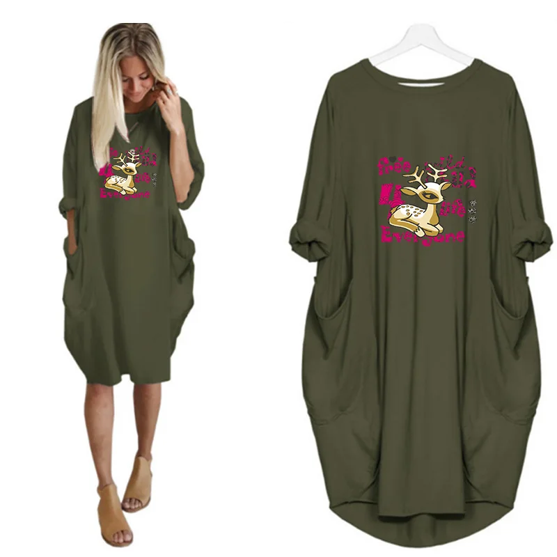 

New 2020 Women Loose Dress Long Sleeve Cartoon Deer O Neck With Pocket Plus Size 5XL Casual Woman Dress Vintage Vestidos Robes