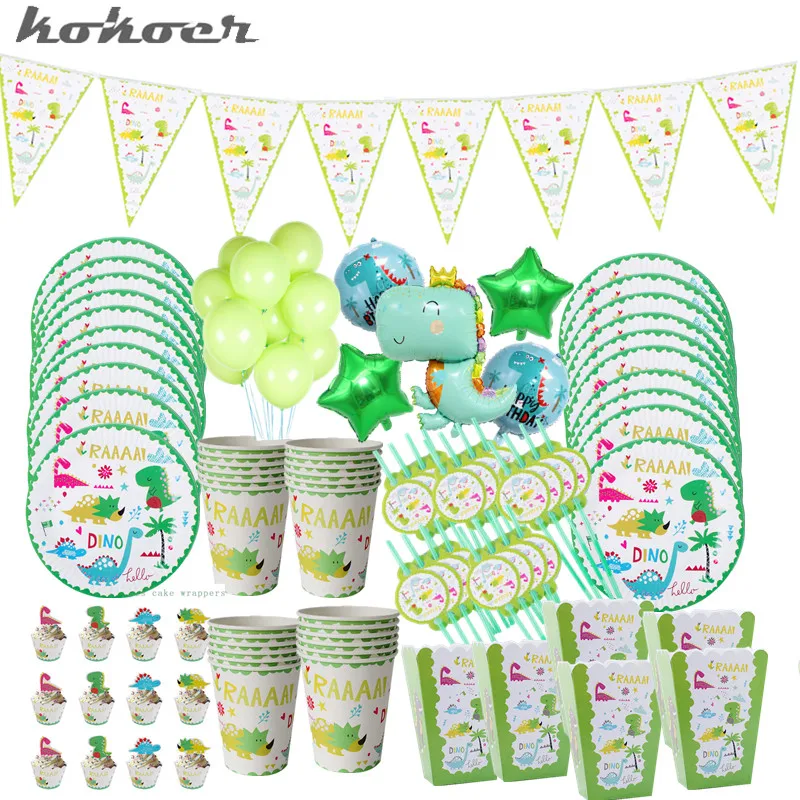 

115pcs/lot Dinosaur Theme Party Tableware Set Disposable Paper Plates Cups Straws Cake Wrapper Happy 1st Birthday Party Supplies