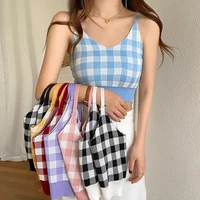 women knitted plaid crop tops female straps streetwear knitting camisole simple cute tank for women 2021 summer fashion clothes