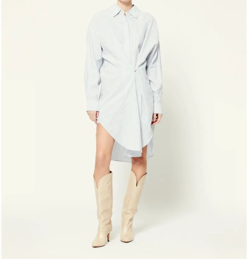 

Women's Long Sleeve Stripes Shirt Dress Single Breasted 2021New Summer Autumn Ladies Turn-Down Collar Simple Irregular Mini Robe