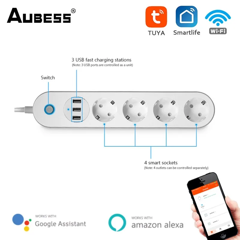

Умный сетевой фильтр Aubess, 4 евророзетки, 3 порта USB для быстрой зарядки, голосовое управление, работает с Alexa Google Home