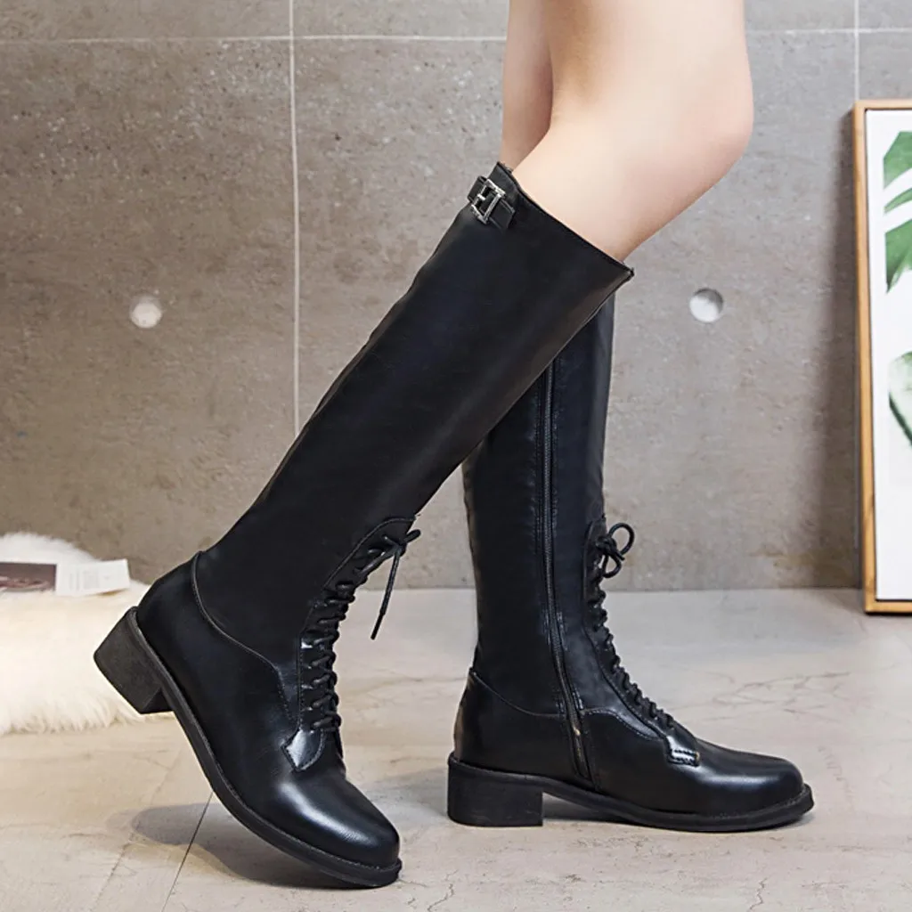 Сапоги до бедра черные кожаные сапоги модные женские на молнии со шнуровкой