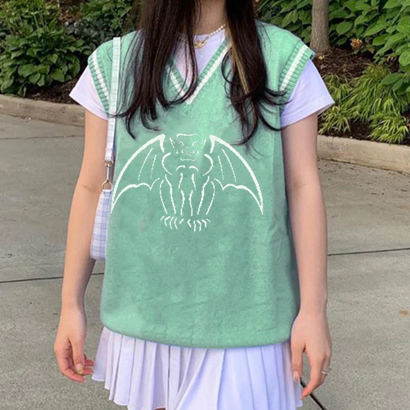 

Женская блузка, осень 2021, женская мода, повседневный свободный трикотажный топ с V-образным вырезом, без рукавов, с рисунком, в стиле преппи Y2K